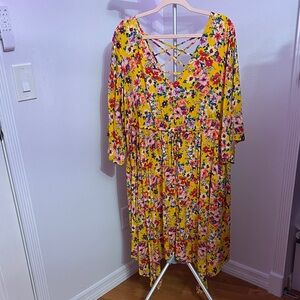 EUC Torrid Floral Yellow Dress with Crisscross Back